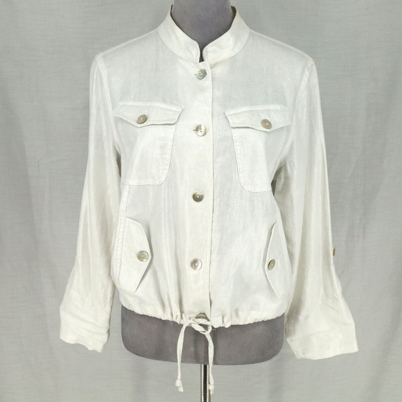 Linear Jacket Womens Medium Ivory Metallic Linen Safari Cargo Drawstring Career - Picture 1 of 16